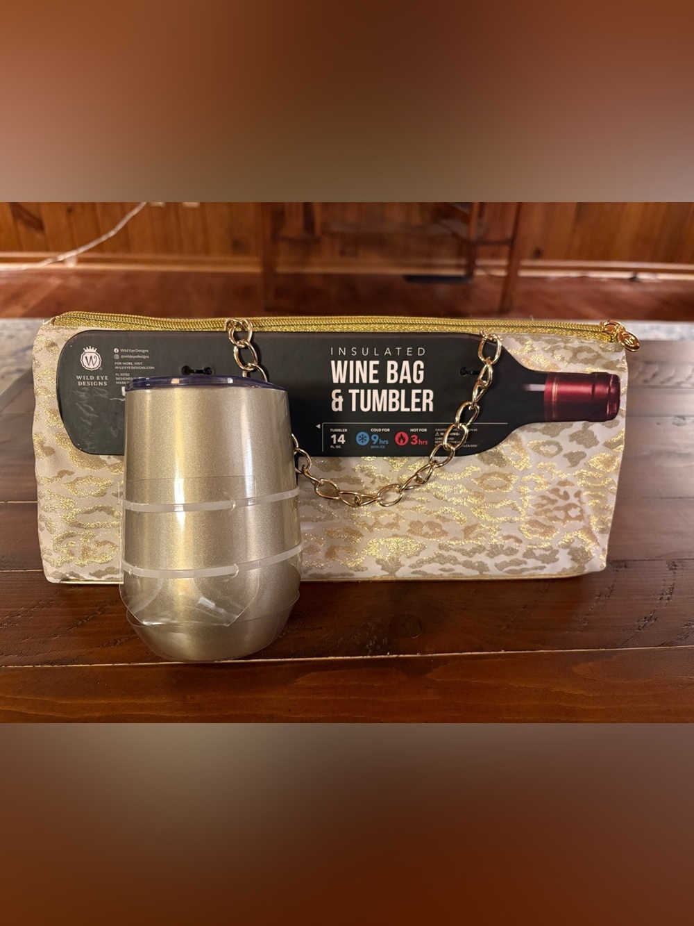 Insulated Wine Bag & Tumbler Set - Gold and Cream leopard print, wine purse